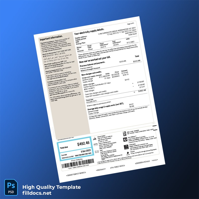 Australia AGL Sales Pty Limited Editable Electricity Bill Template in Word and PDF formats page 2