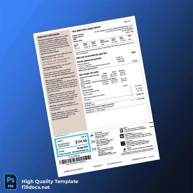 Australia AGL Sales Pty Limited Editable Energy Bill Template in Word and PDF formats page 2