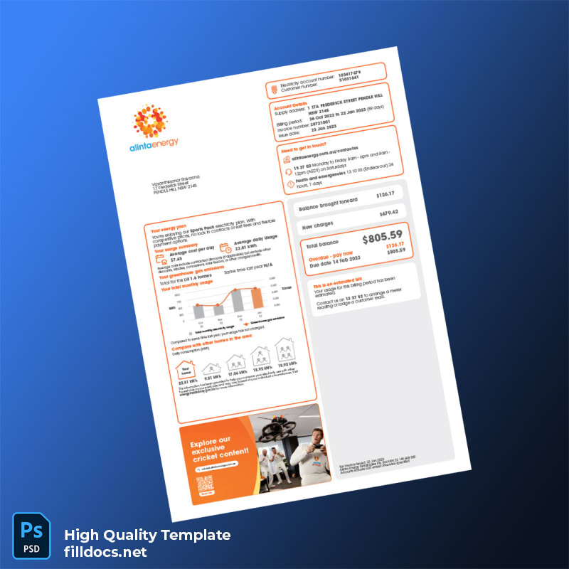 Australia Alinta Energy Retail Sales Pty Ltd Editable Utility Bill Template in Word and PDF formats