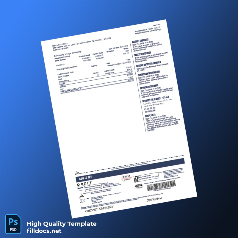 Australia ERM Power Retail Pty Ltd Editable Electricity Bill Template in Word and PDF formats page 2