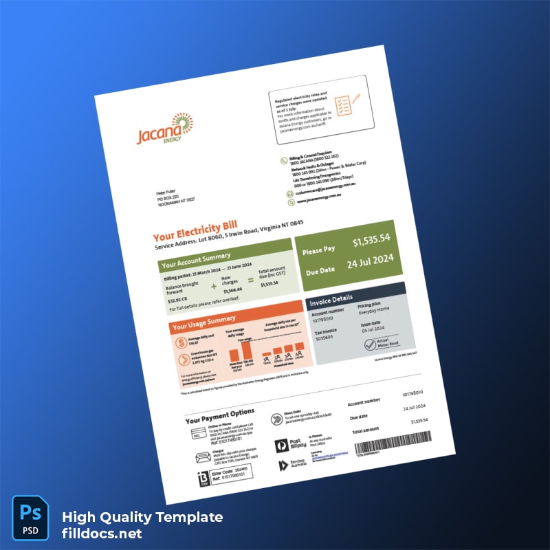 Australia Jacana Energy Editable Electricity Bill Template in Word and PDF formats page 2