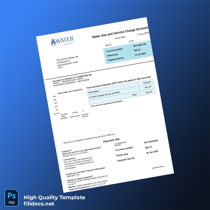 Australia Water Corporation Editable Water Bill Template in Word and PDF formats