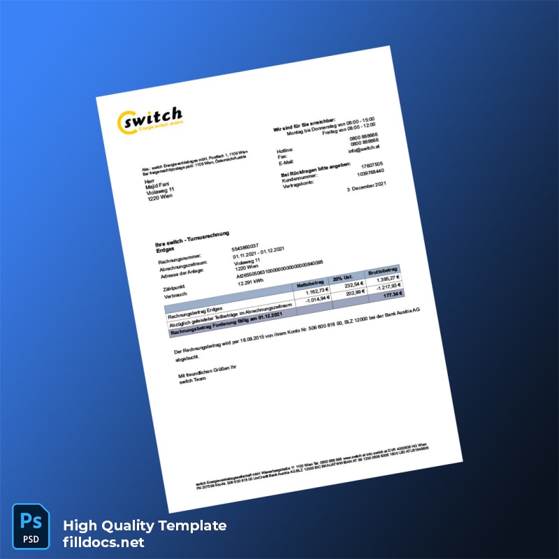 Austria Switch Energievertriebsgesellschaft mbH Editable Utility Bill Template in Word and PDF formats
