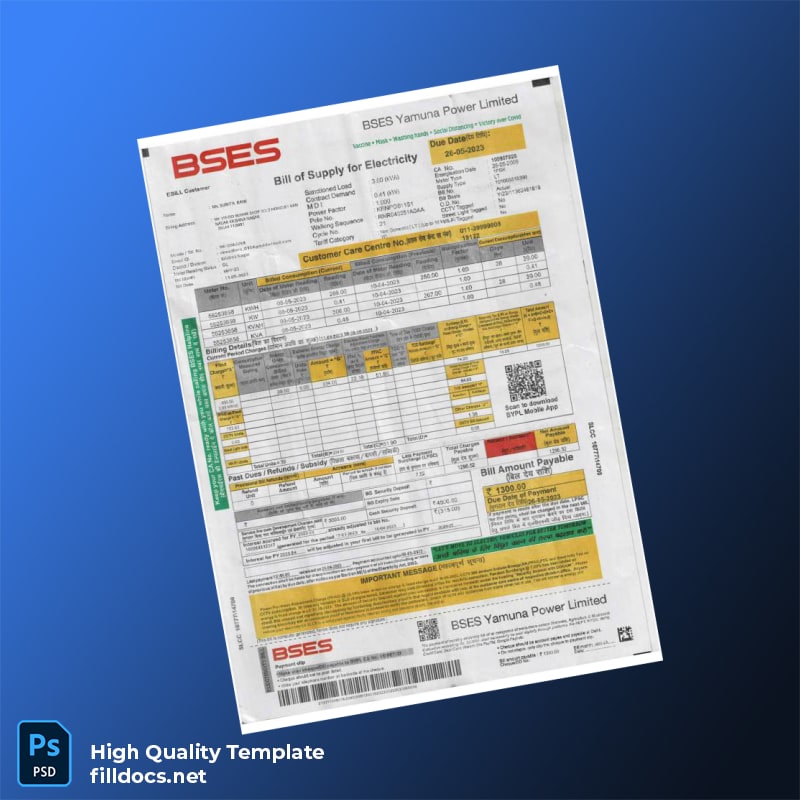 BSES Yamuna Power Limited Editable Electricity Bill Template in Word and PDF formats