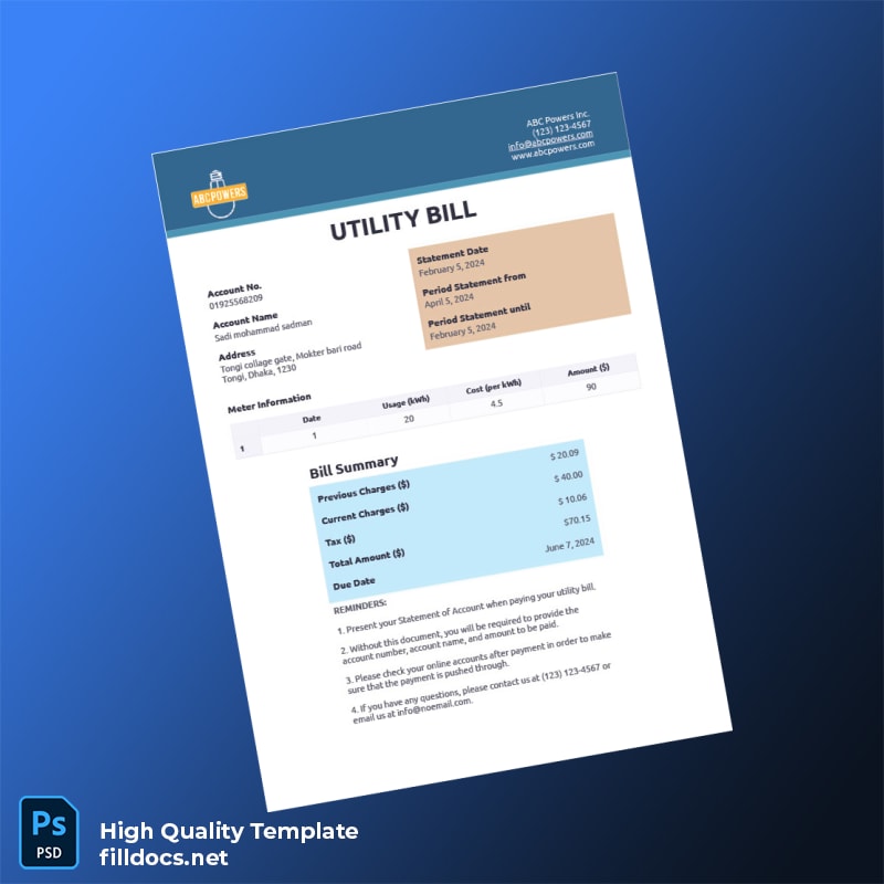 Bangladesh ABC Powers Inc Editable Utility Bill Template in Word and PDF formats