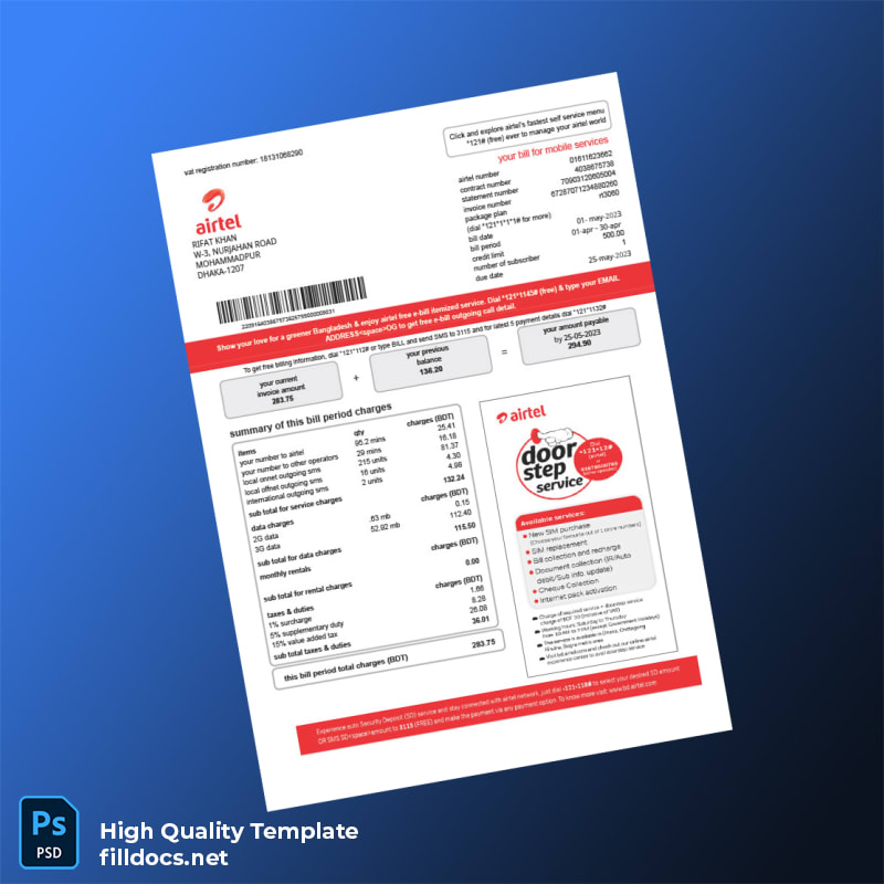 Bangladesh Airtel Editable Utility Bill Template in Word and PDF formats