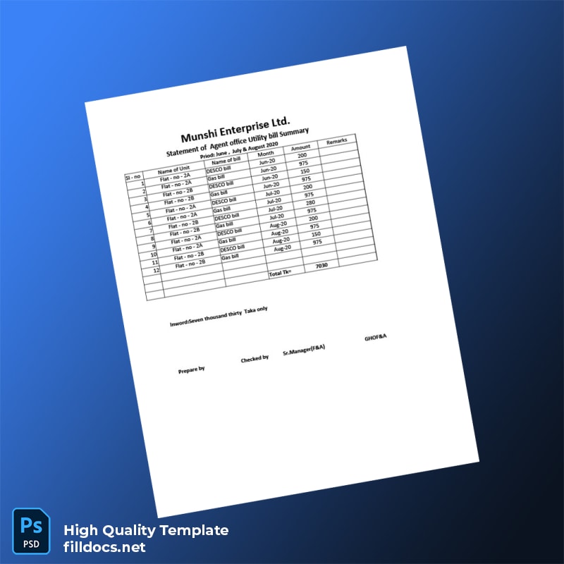 Bangladesh Munshi Enterprise Ltd Editable Utility Bill Template in Word and PDF formats