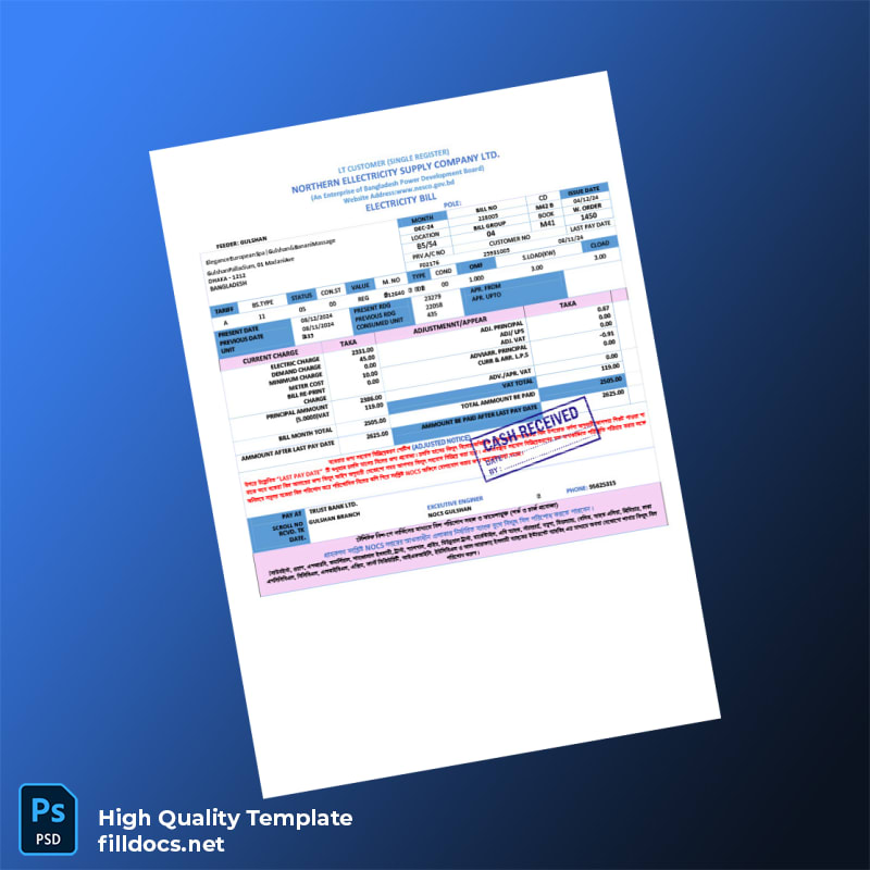 Bangladesh Northern Electricity Supply Company Ltd Editable Utility Bill Template in Word and PDF formats page 2