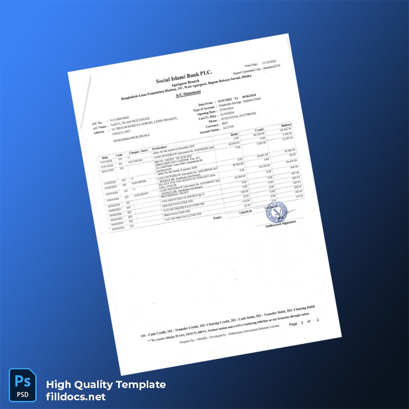 Bangladesh SIBL Bank Statement Template in Word and PDF formats page 2