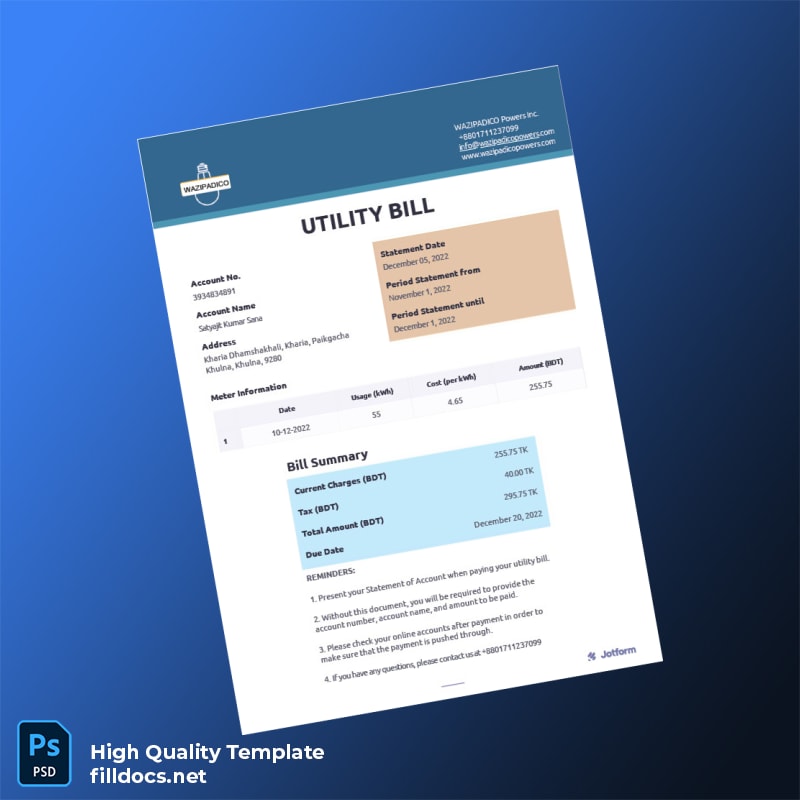 Bangladesh WAZIPADICO Powers Inc Editable Utility Bill Template in Word and PDF formats