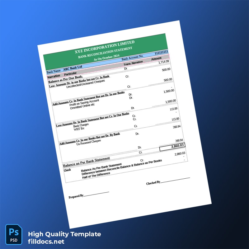 Bank Reconciliation Template in Word and PDF formats page 2