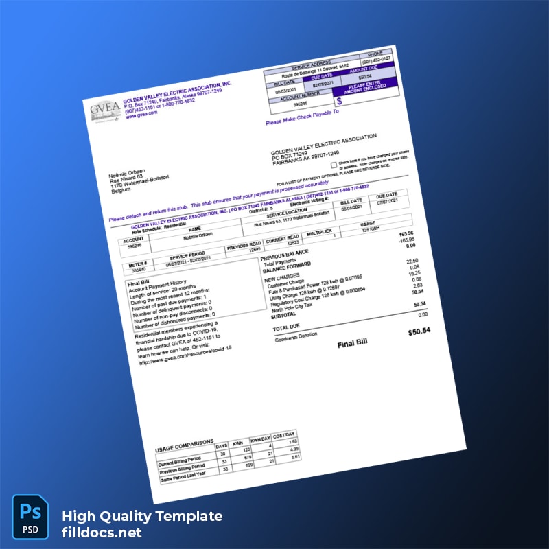 Belgium Golden Valley Electric Association Editable Electricity Bill Template in Word and PDF formats