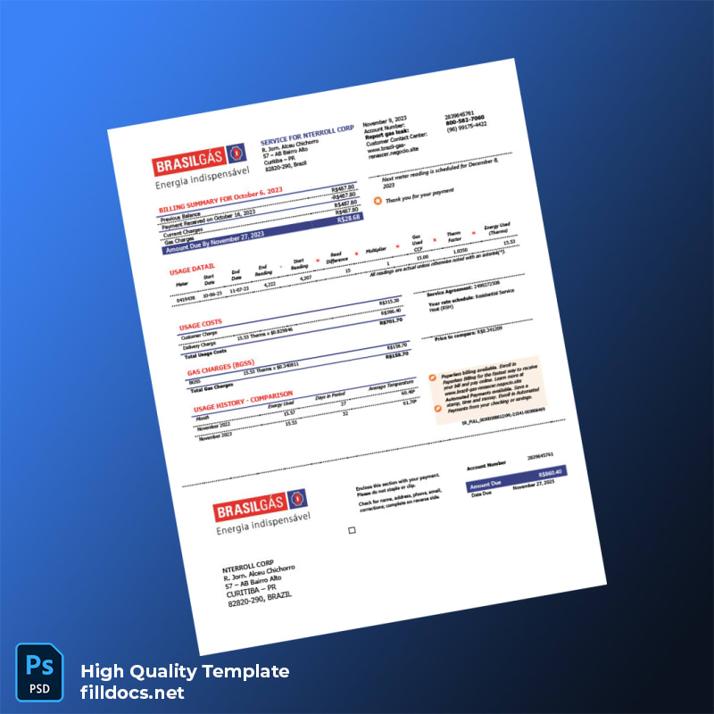 Brazil BRASILG S Editable Gas Bill Template in Word and PDF formats