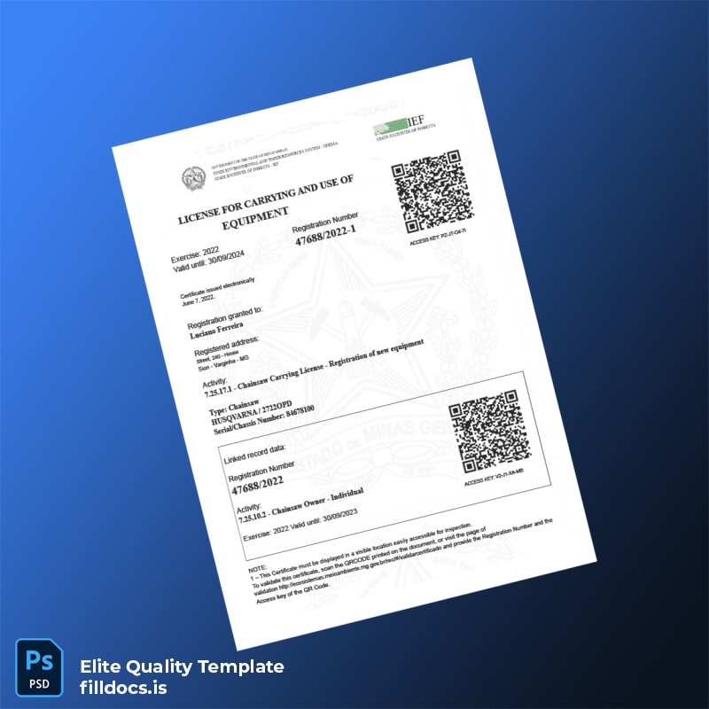 Fillable Brazil Chainsaw Carrying License Registration Certificate Template - Word/PDF Template Preview - FillDocs