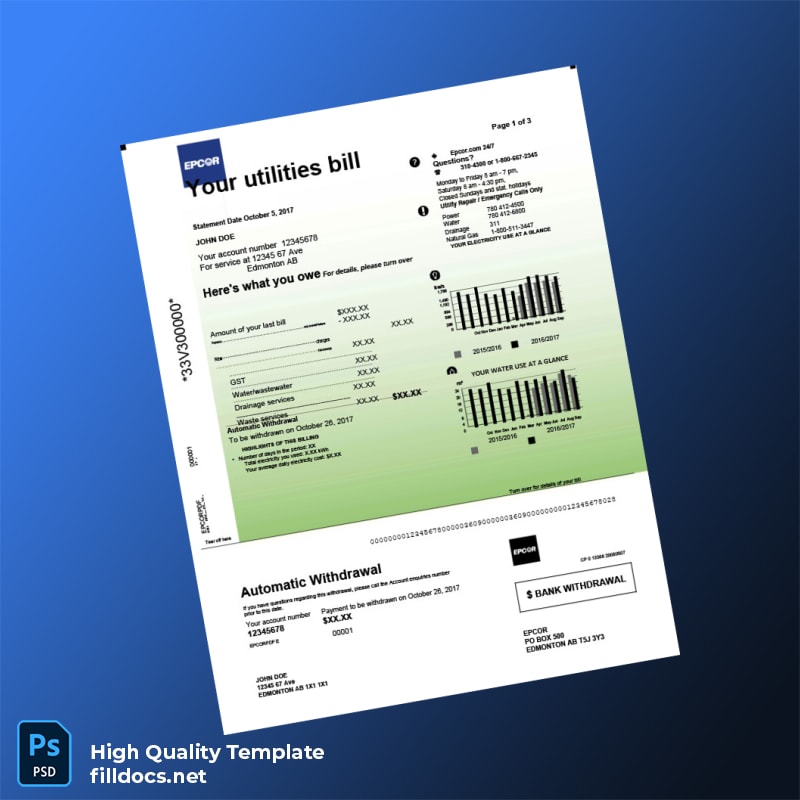 Canada EPCOR Editable Utility Bill Template in Word and PDF formats