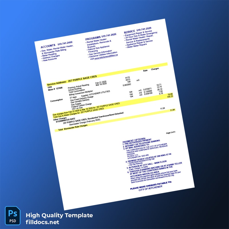 Canada Kitchener Utilities Editable Utility Bill Template in Word and PDF formats page 2