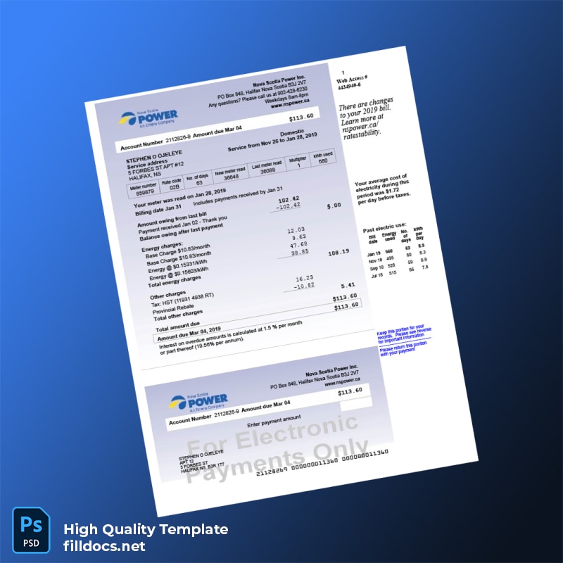 Canada Nova Scotia Power Inc Editable Electricity Bill Template in Word and PDF formats
