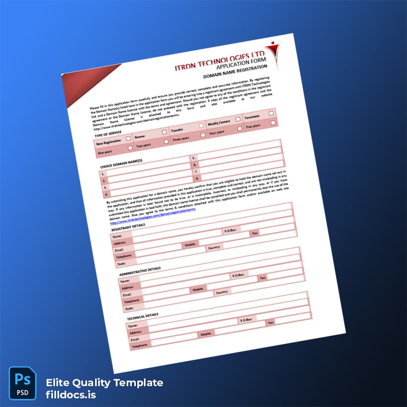 Fillable Domain Name Registration Certificate Template - Word/PDF Template Preview