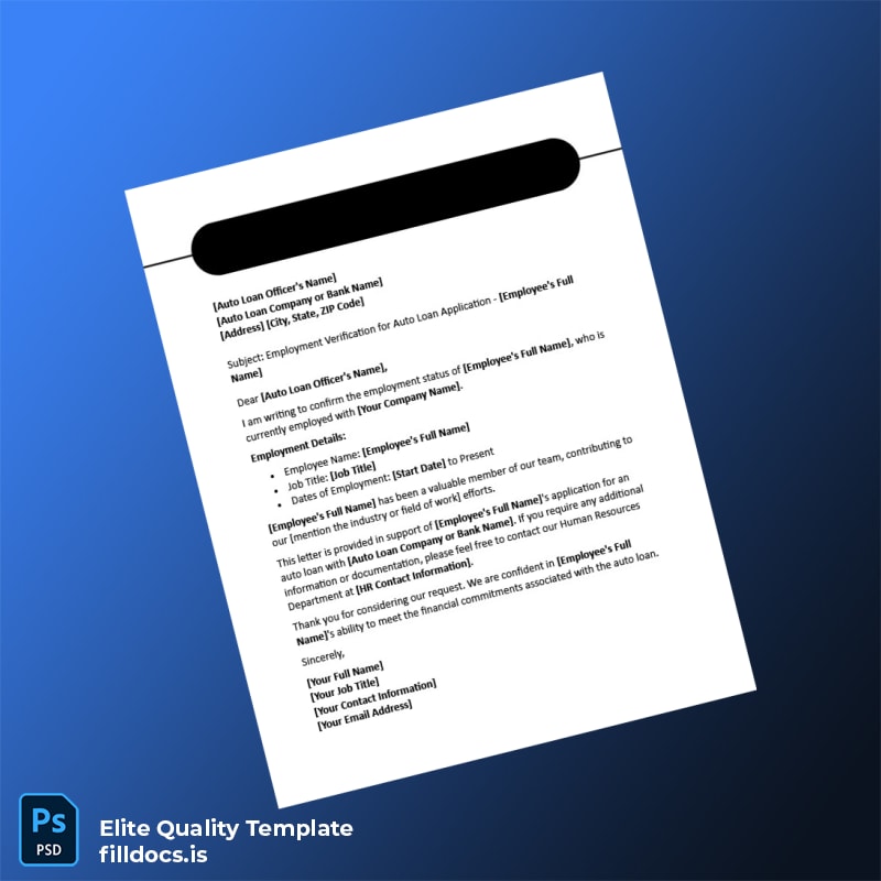 Fillable Employment Verification Letter for Auto Loan Application Template - Word/PDF Template Preview - FillDocs