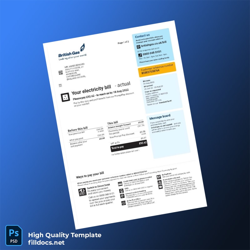 England British Gas Trading Ltd Editable Electricity Bill Template in Word and PDF formats