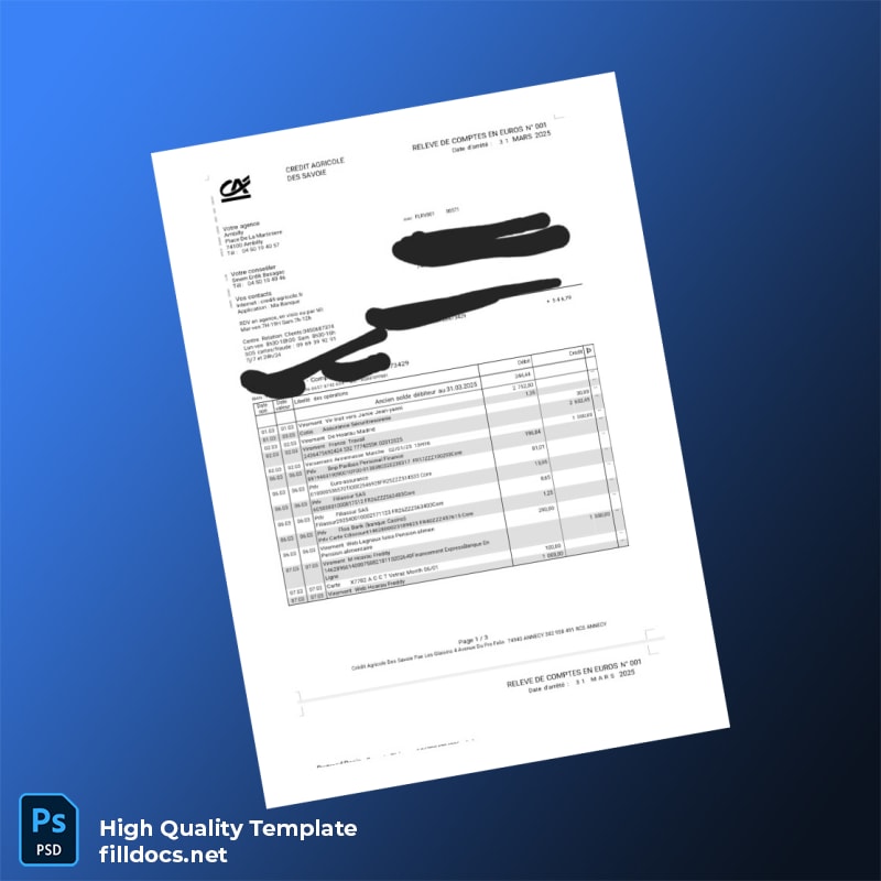 France Crédit Agricole Bank Statement Template in Word and PDF formats