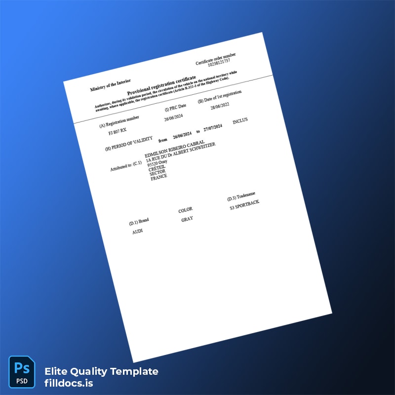 Fillable France Provisional Registration Certificate Template - Word/PDF Template Preview - FillDocs