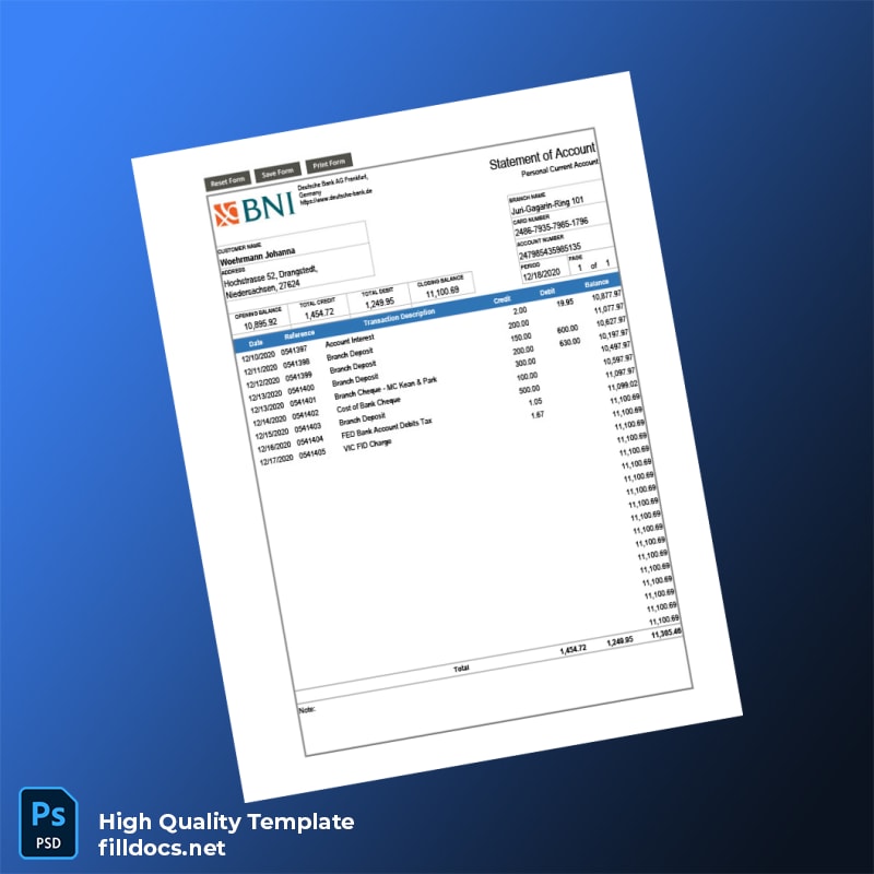 Germany Deutsche Bank Bank Statement Template in Word and PDF formats