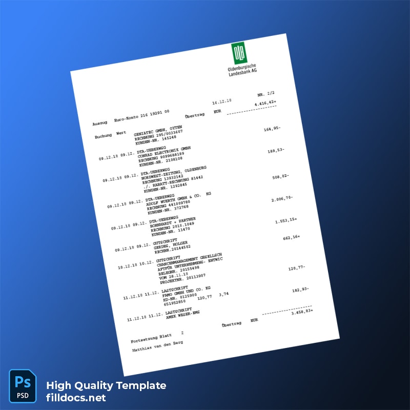 Germany Oldenburgische Landesbank Kontoauszug Template in Word and PDF formats page 2