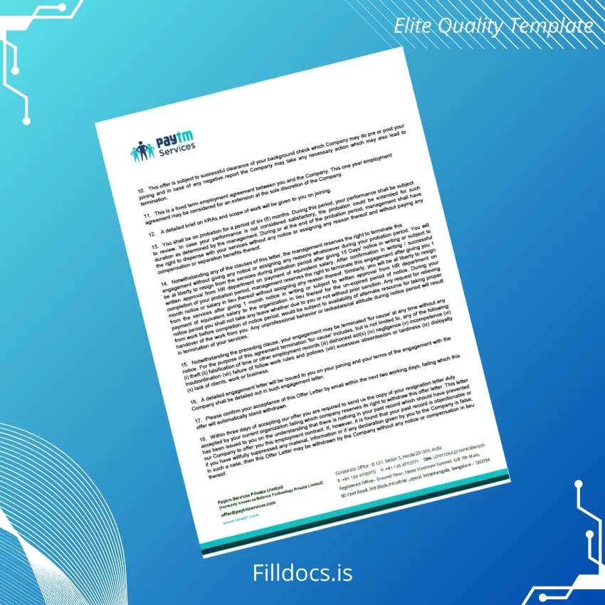 Fillable India Paytm Services Private Limited Salary Certificate Template in Word and PDF formats page 2 Page Preview - FillDocs