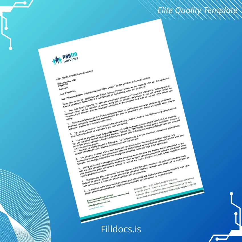 Fillable India Paytm Services Private Limited Salary Certificate Template - Word/PDF Template Preview - FillDocs