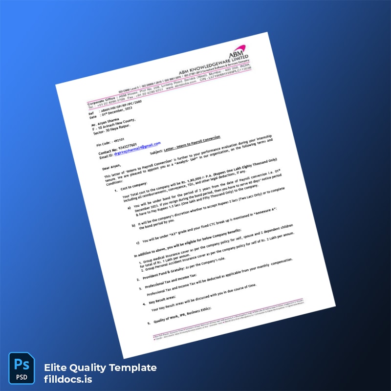 Fillable India ABM Knowledgeware Ltd Employment Verification Letter Template - Word/PDF Template Preview - FillDocs