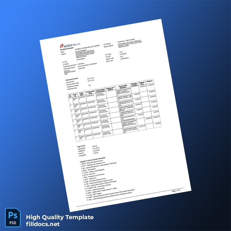 India Bank Statement Template in Word and PDF formats