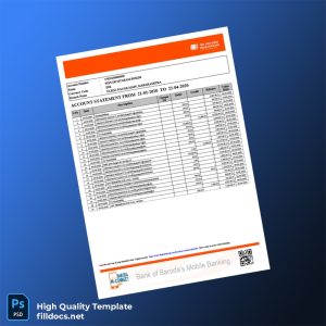 India Bank of Baroda Bank Statement Template in Word and PDF formats