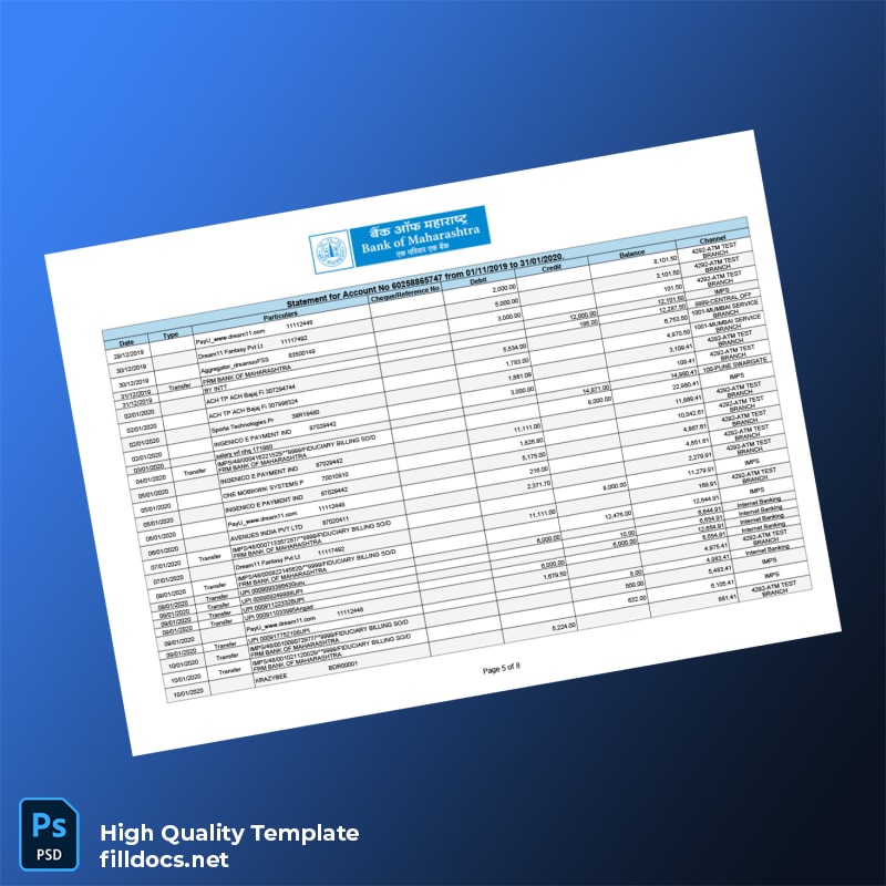 India Bank of Maharashtra Account Statement Template in Word and PDF formats page 5