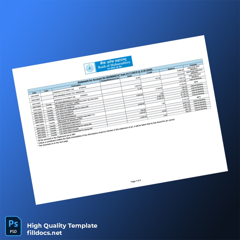 India Bank of Maharashtra Account Statement Template in Word and PDF formats page 7
