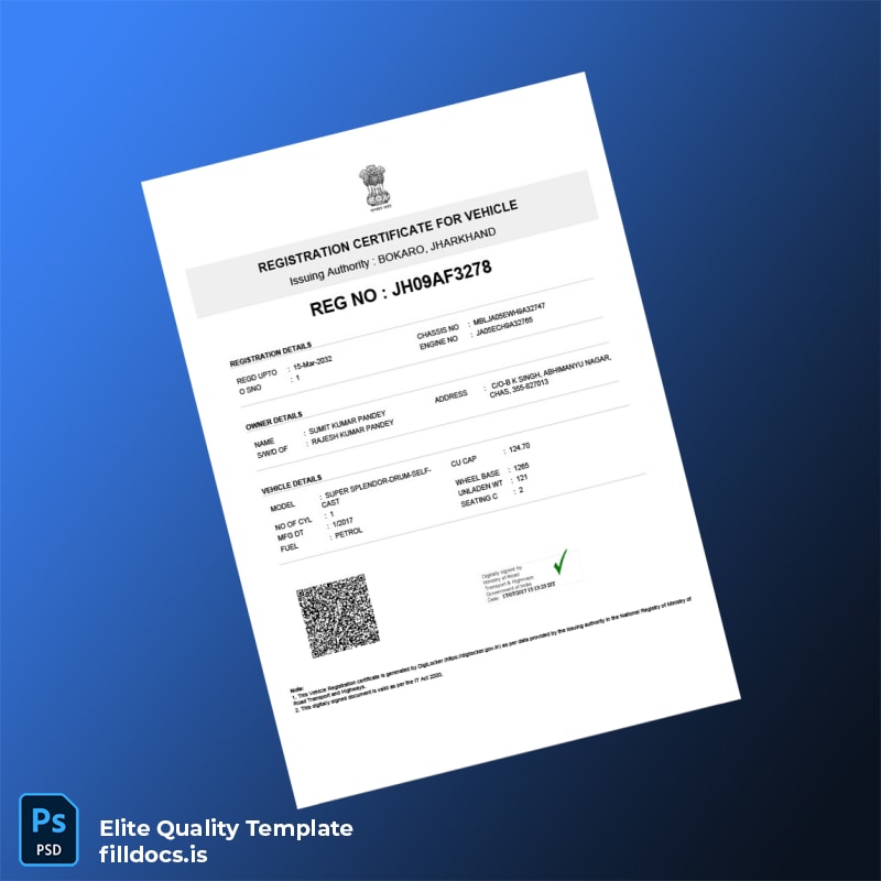 Fillable India Bokaro Registration Certificate Template - Word/PDF Template Preview - FillDocs