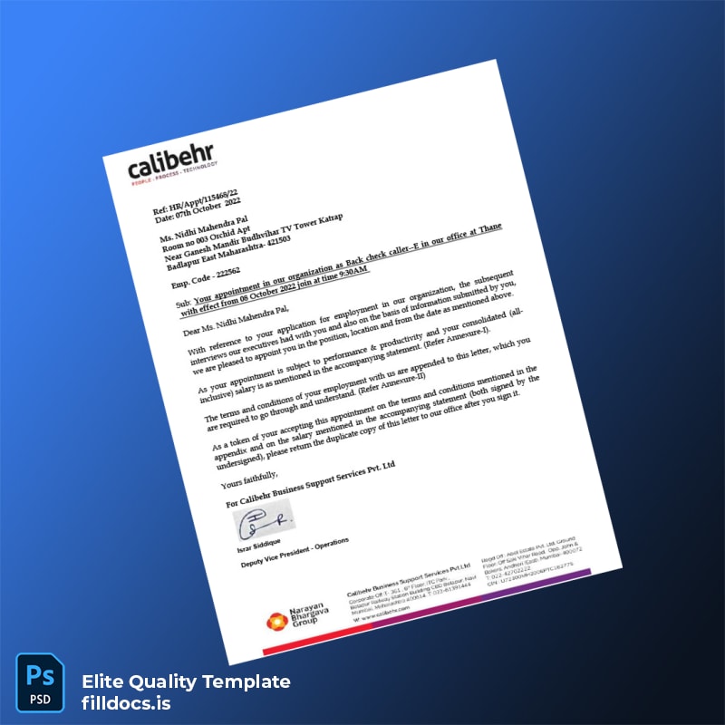 Fillable India Calibehr Business Support Services Pvt Ltd Employment Verification Letter Template - Word/PDF Template Preview - FillDocs
