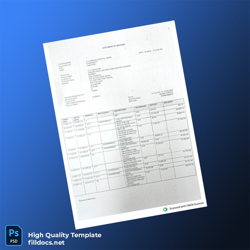 India Canara Bank Statement Template in Word and PDF formats page 2