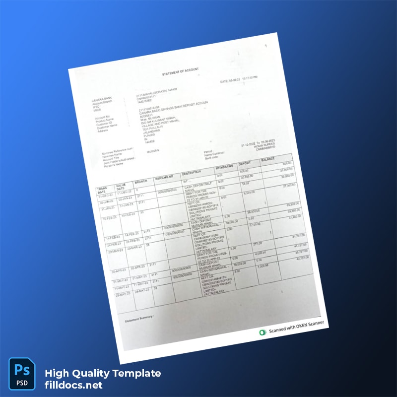 India Canara Bank Statement Template in Word and PDF formats page 3