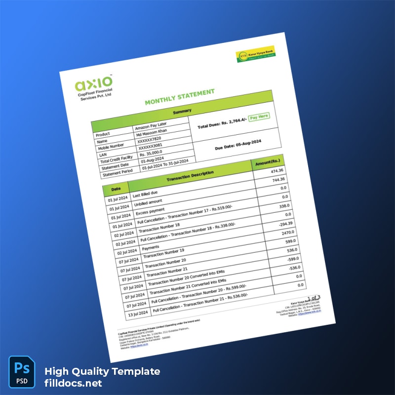 India CapFloat Bill Statement Template in Word and PDF formats