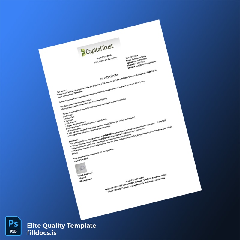 Fillable India Capital Trust Employment Verification Letter Template - Word/PDF Template Preview - FillDocs
