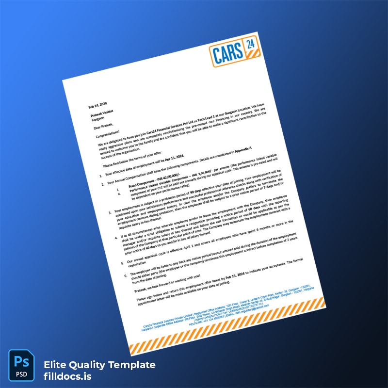 Fillable India Cars24 Financial Services Employment Verification Letter Template - Word/PDF Template Preview - FillDocs