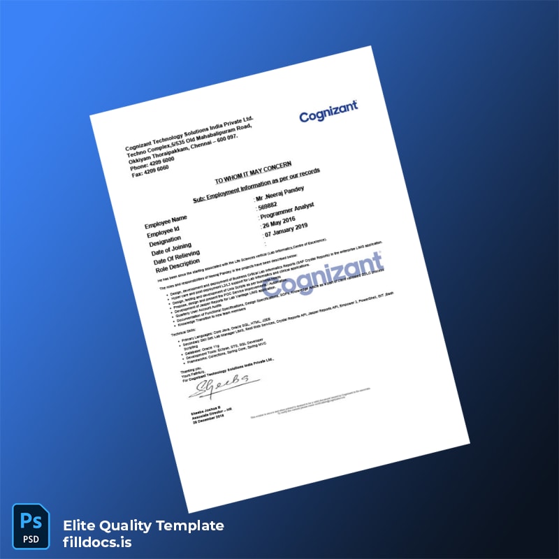 Fillable India Cognizant Technology Solutions Employment Verification Letter Template - Word/PDF Template Preview - FillDocs