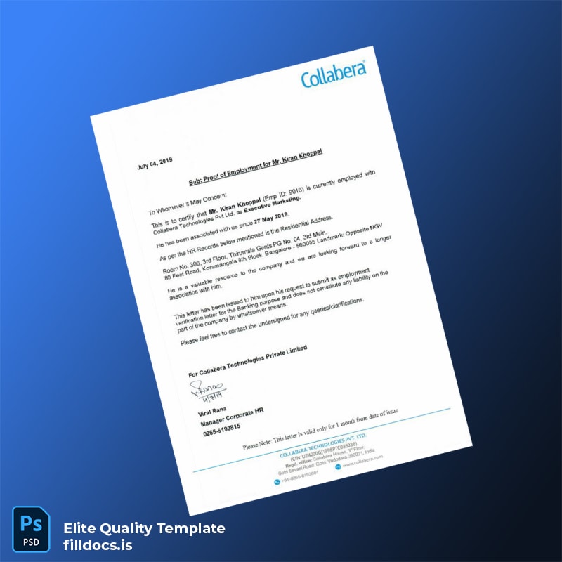 Fillable India Collabera Technologies Pvt Ltd Proof of Employment Letter Template - Word/PDF Template Preview - FillDocs