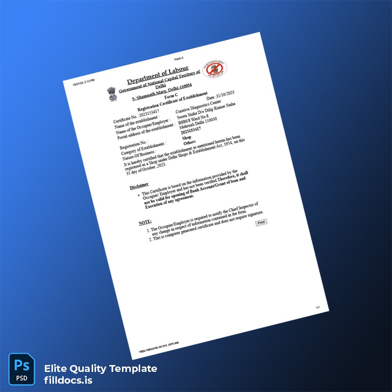 Fillable India Delhi Shops Establishment Act Registration Certificate Template - Word/PDF Template Preview - FillDocs