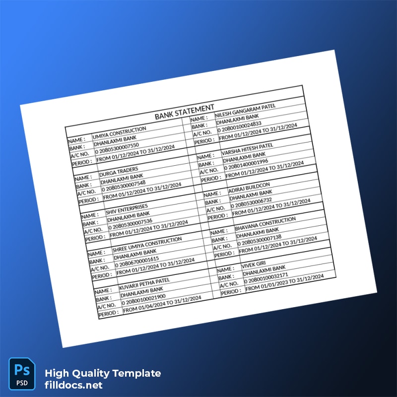 India Dhanlaxmi Bank Statement Template in Word and PDF formats