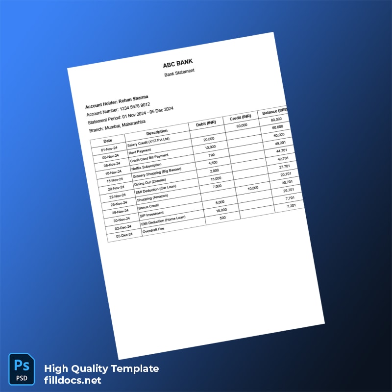 India Dummy Bank Statement Template in Word and PDF formats