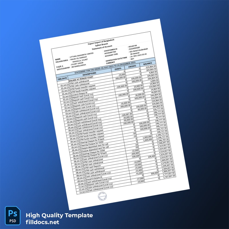 India EXIM Bank Statement Template in Word and PDF formats