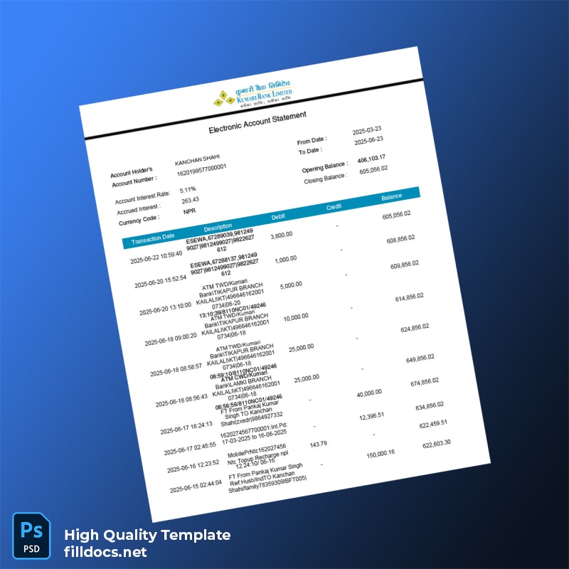 India Electronic Account Statement Template in Word and PDF formats