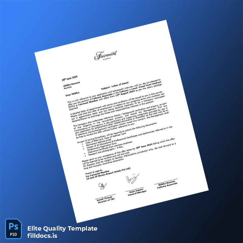 Fillable India Fairmont Mumbai Employment Verification Letter Template - Word/PDF Template Preview - FillDocs